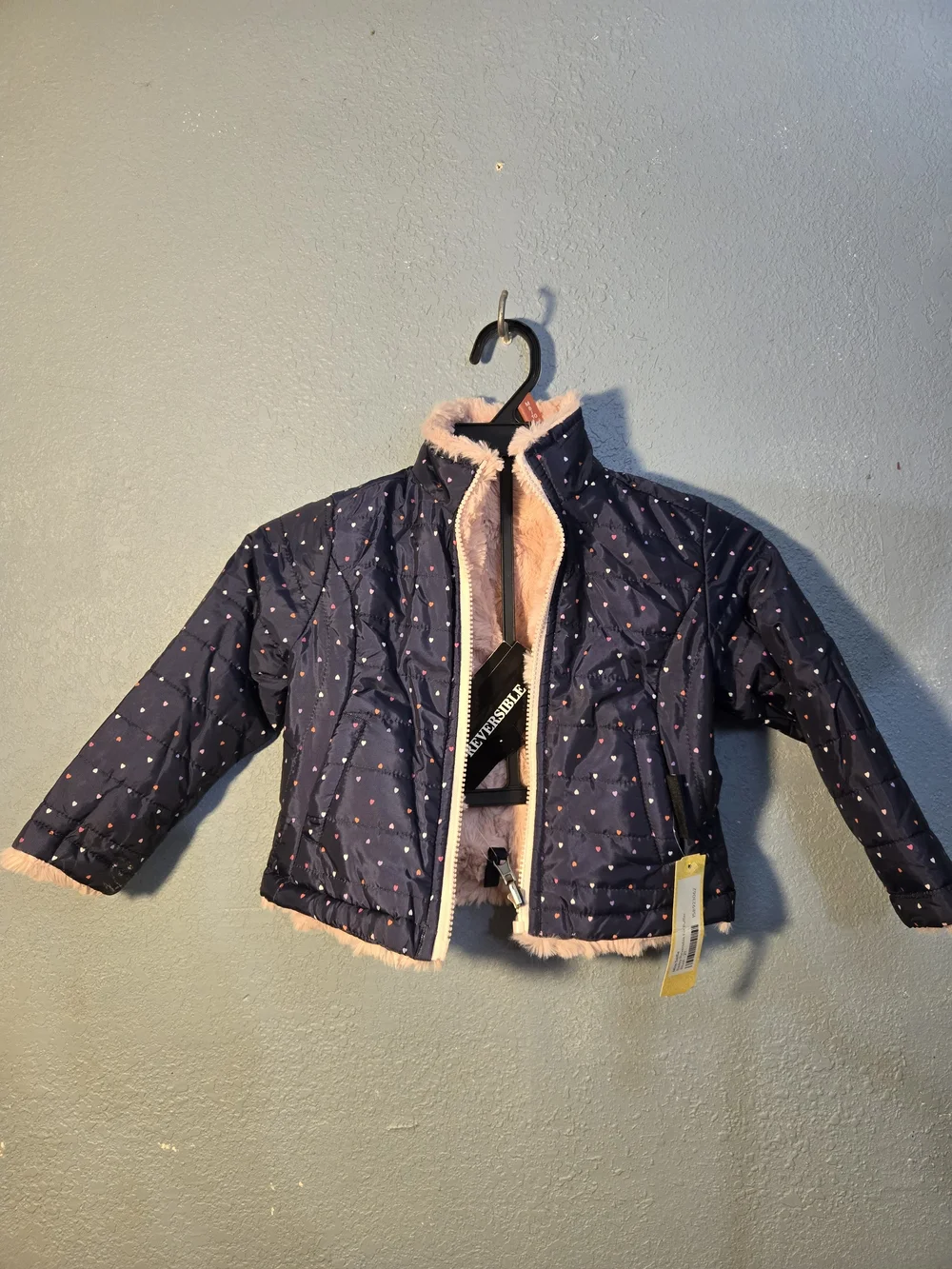 Miss Sofia Navy Heart Print Puffer Jacket with Pink Faux Fur